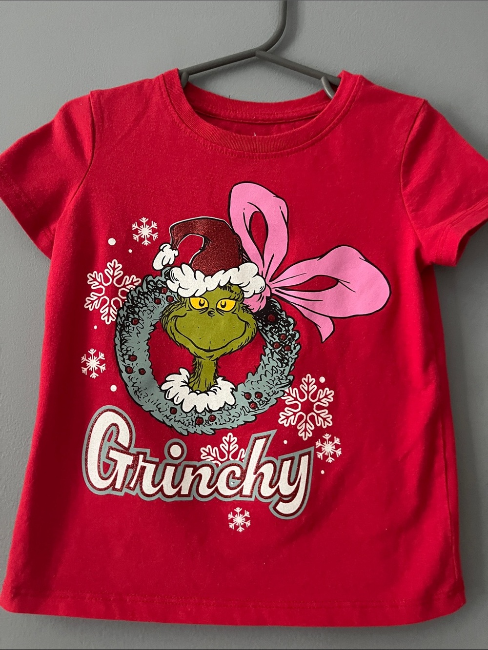 Hybrid Apparel Red Grinchy Graphic Tee with Pink Bow